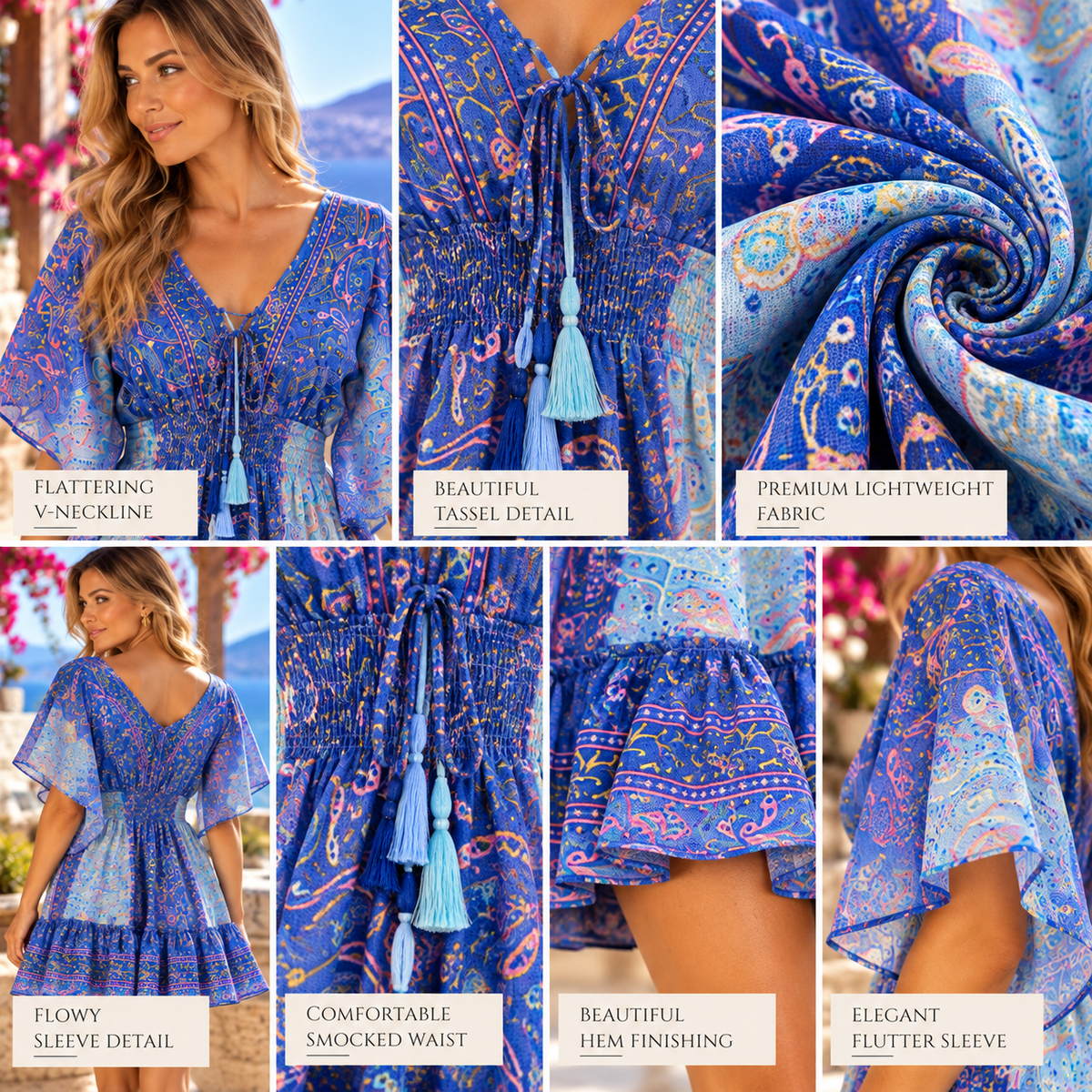 Blue & Turquoise Silk Paisley Boho Dress