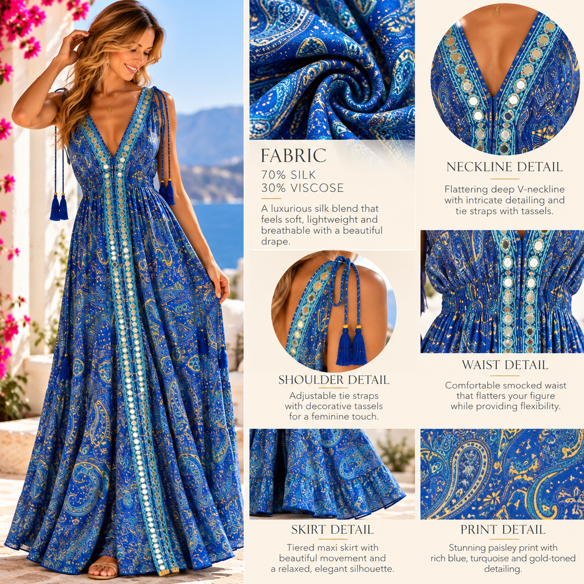 Royal Blue and Turquoise Silk Paisley Halterneck Maxi Dress