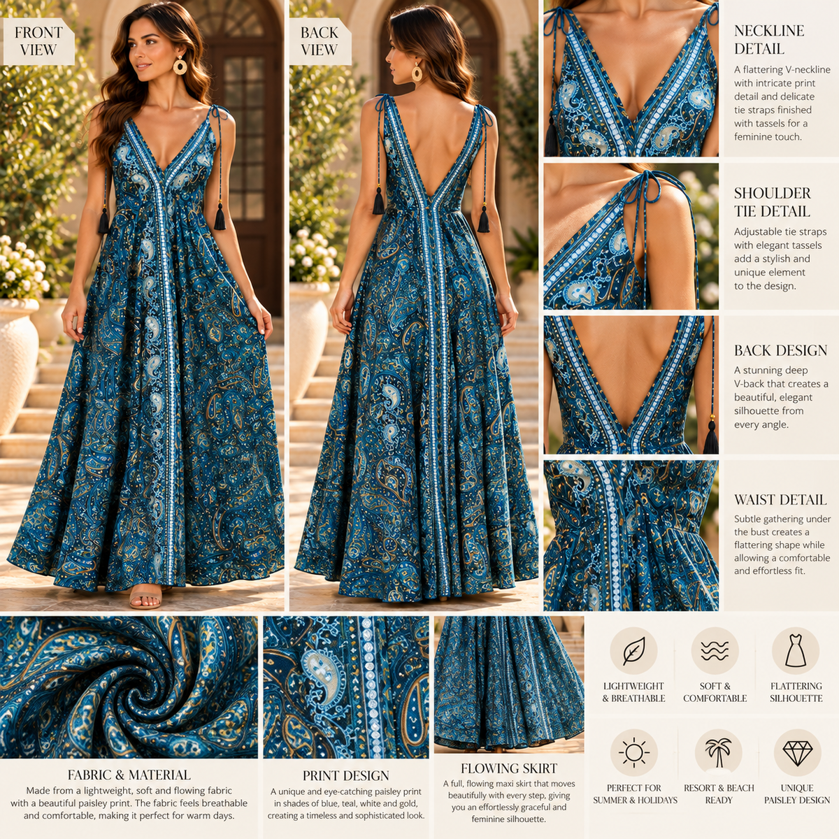 Blue & Teal Paisley Maxi Dress with Tassel Details