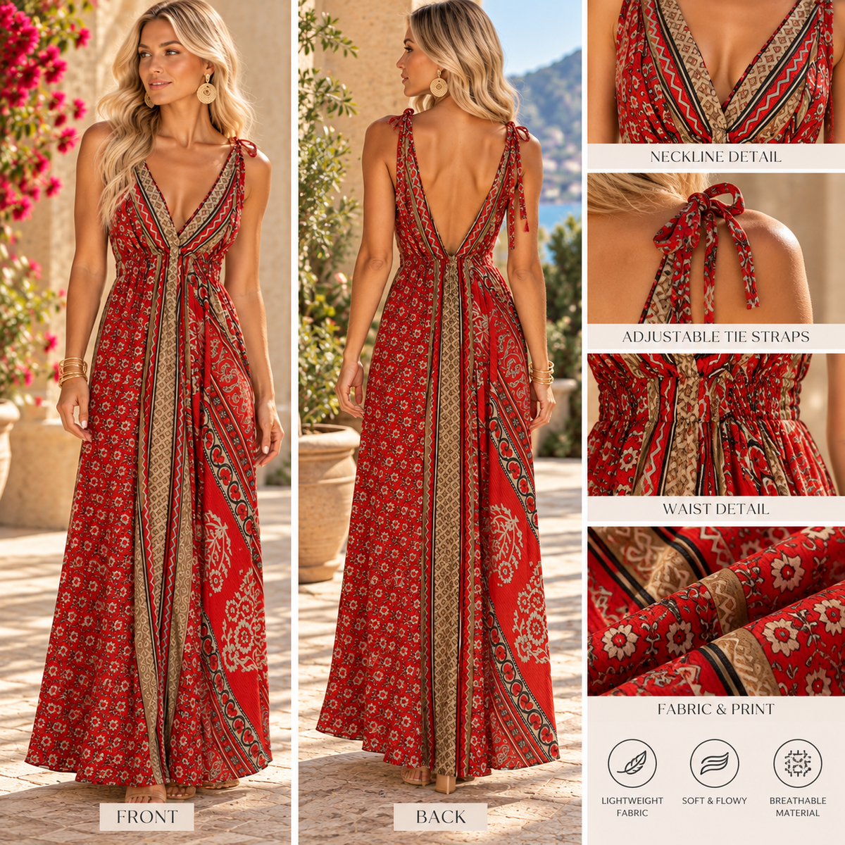 Red Paisley & Beige Magic Dress with Low V-Back