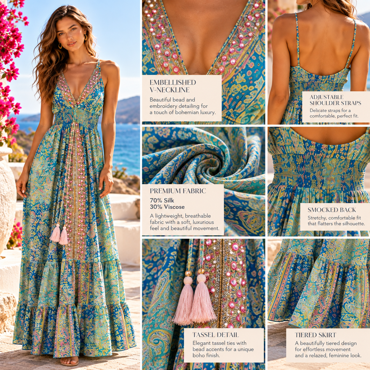 Turquoise and Blue Embellished Silk Paisley Maxi Dress – Luxury Boho Resort Wear