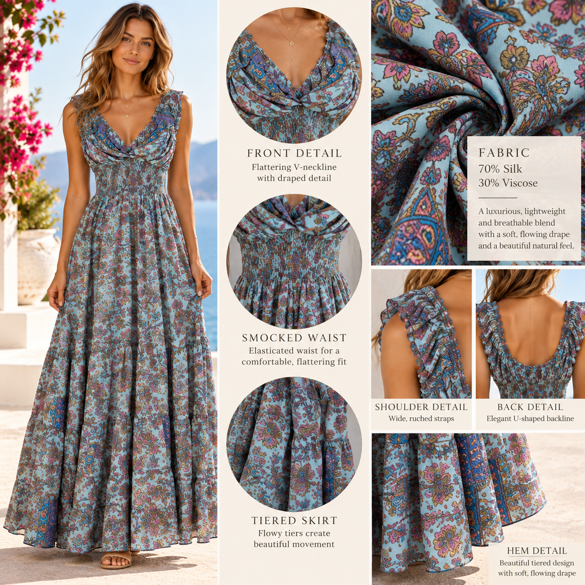 Turquoise Blue Floral Silk Boho Maxi Dress – Smocked Waist and U-Shaped Back
