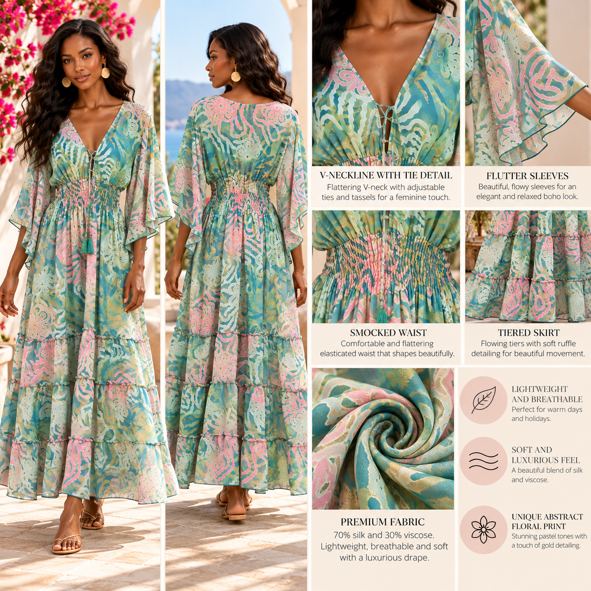 Turquoise and Blush Pink Floral Silk Boho Maxi Dress – Flutter Sleeves