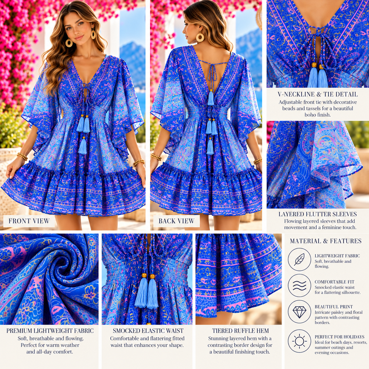 Royal Blue & Pink Paisley Boho Mini Dress