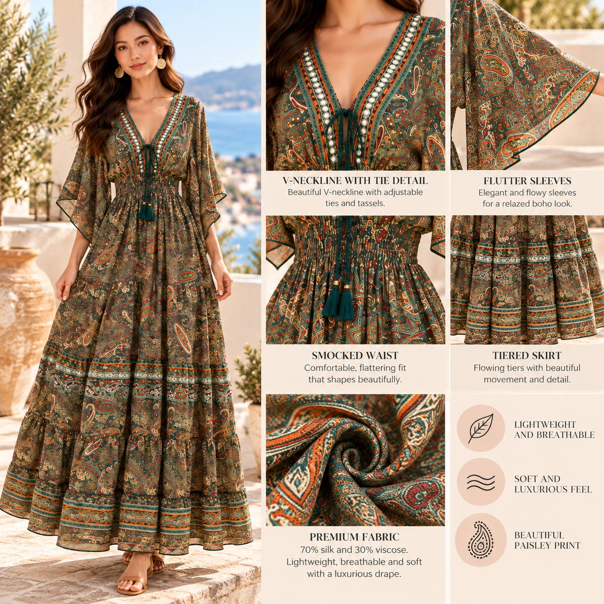 Emerald Green and Gold Paisley Silk Boho Maxi Dress – Embellished V-Neck