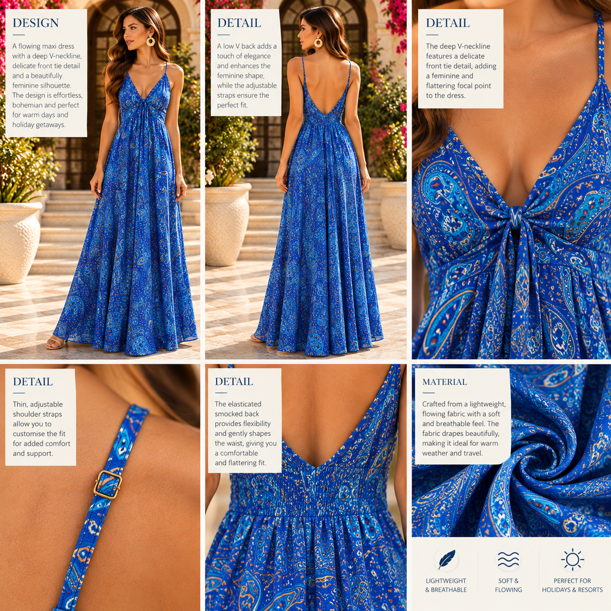 Royal Blue Paisley Maxi Dress with Low V-Back