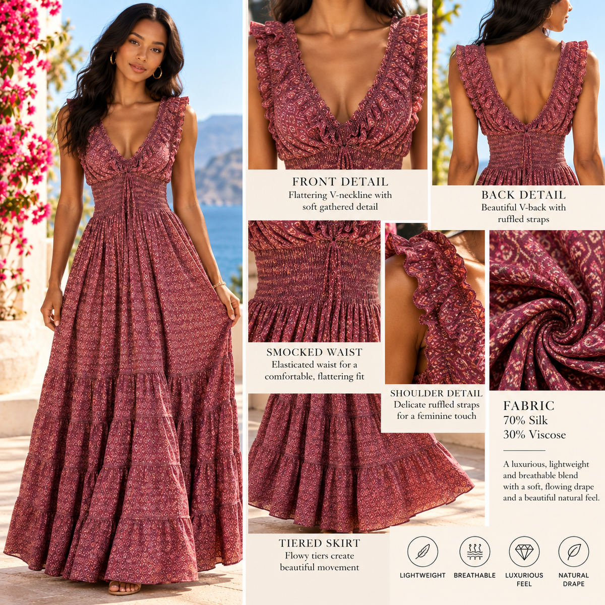 Dusty Rose Silk Boho Maxi Dress – Ruffled V-Neck and Smocked Waist