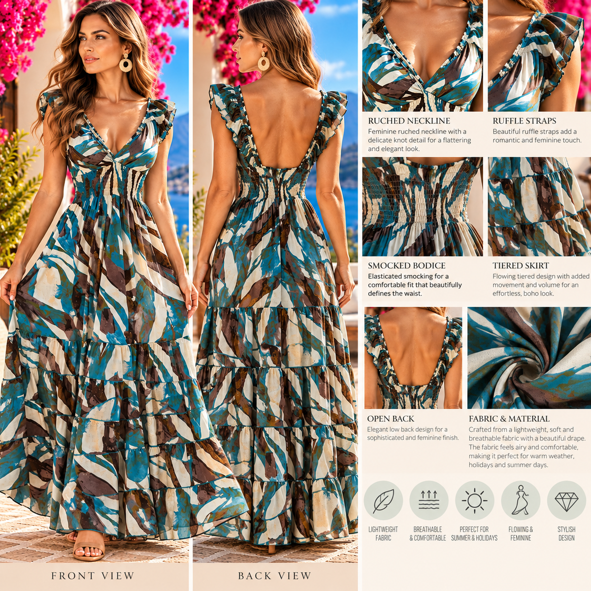 Turquoise, Teal & Cream Abstract Maxi Dress