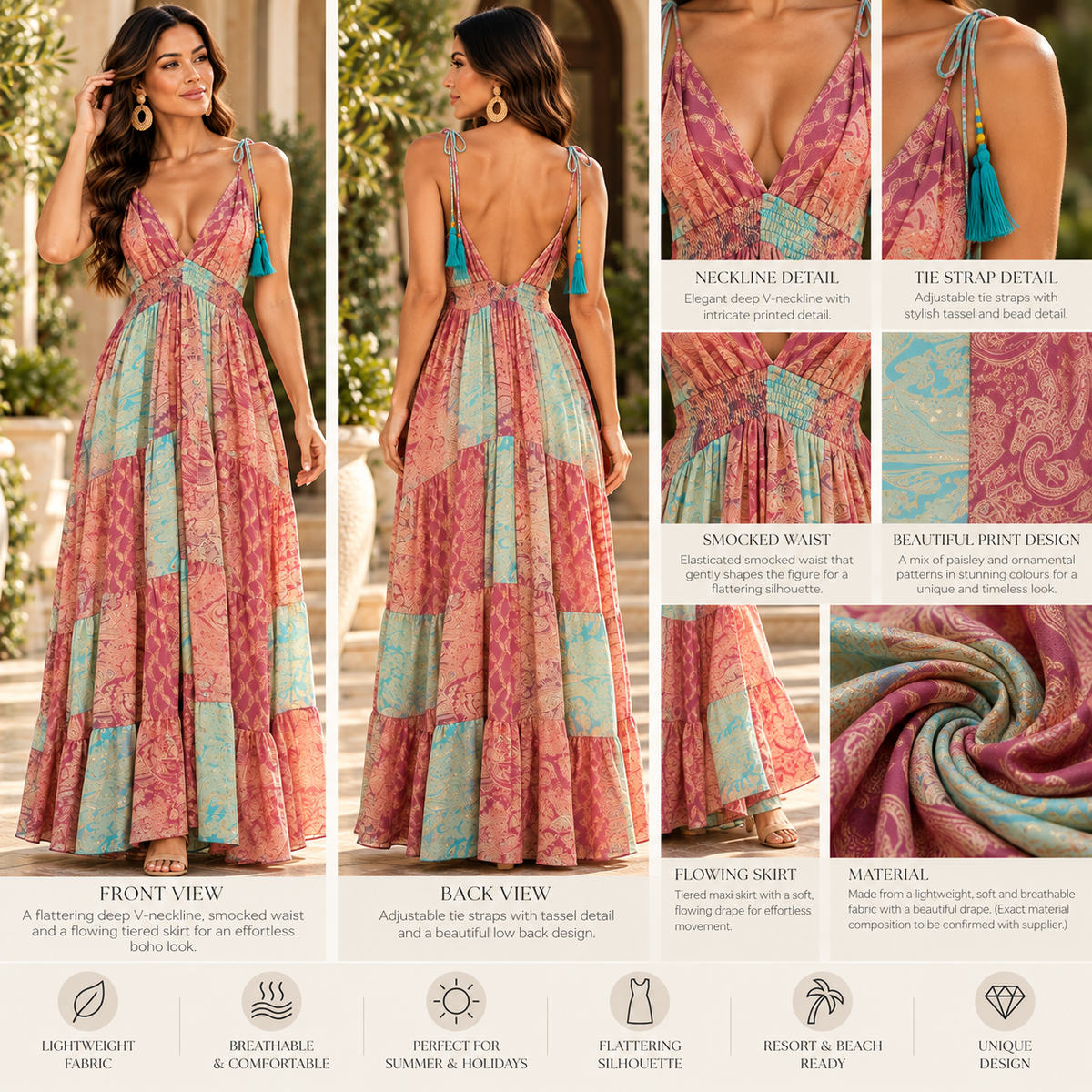 Rose Pink & Turquoise Paisley Patchwork Maxi Dress