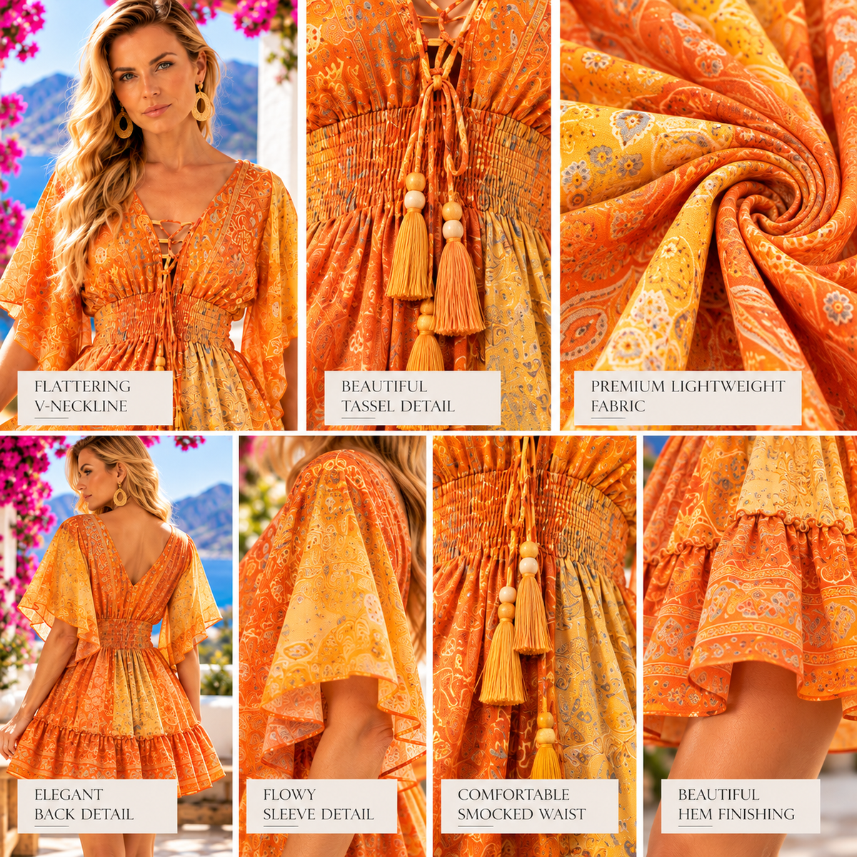 Orange & Yellow Silk Paisley Boho Dress