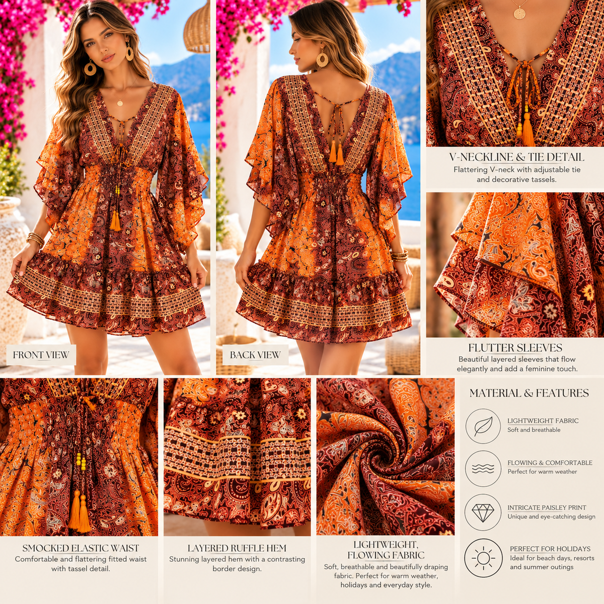 Burnt Orange & Burgundy Paisley Boho Mini Dress
