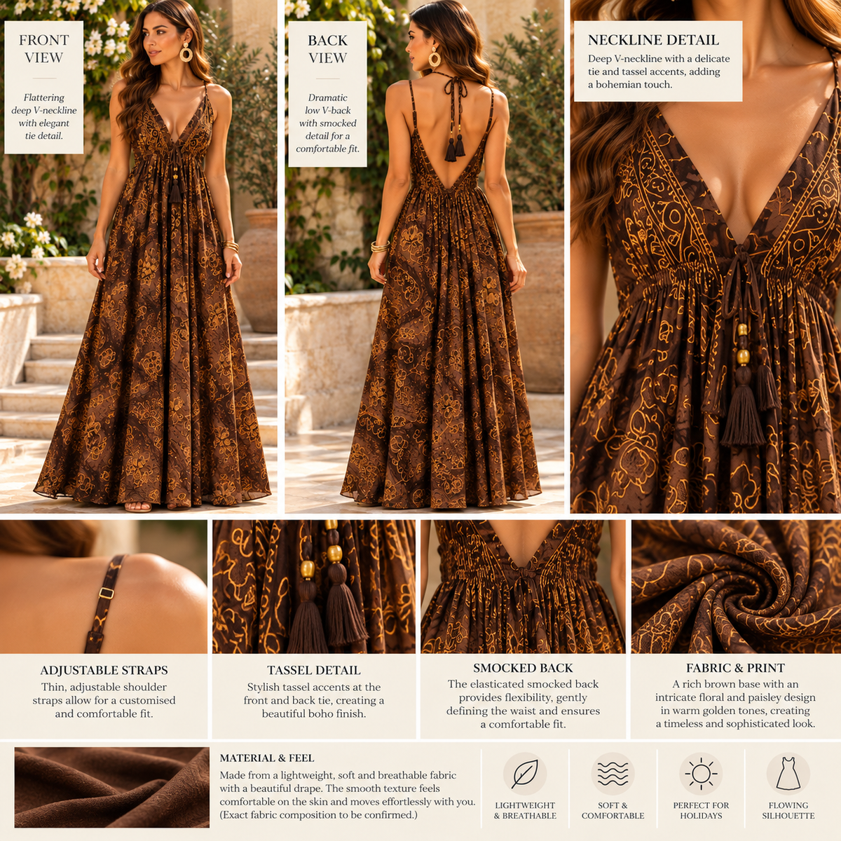 Chocolate Brown & Gold Floral Paisley Maxi Dress