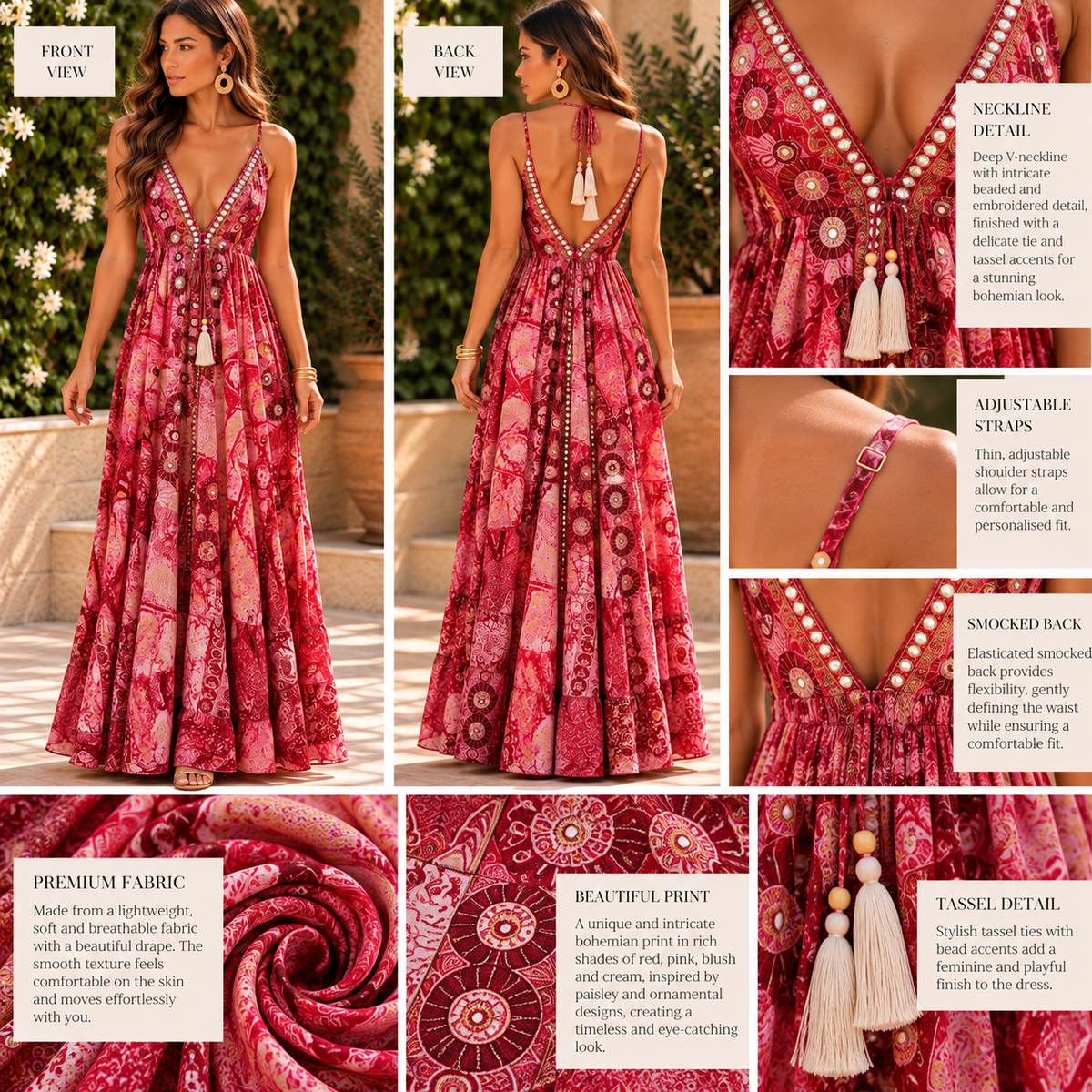 Red & Pink Embellished Paisley Maxi Dress