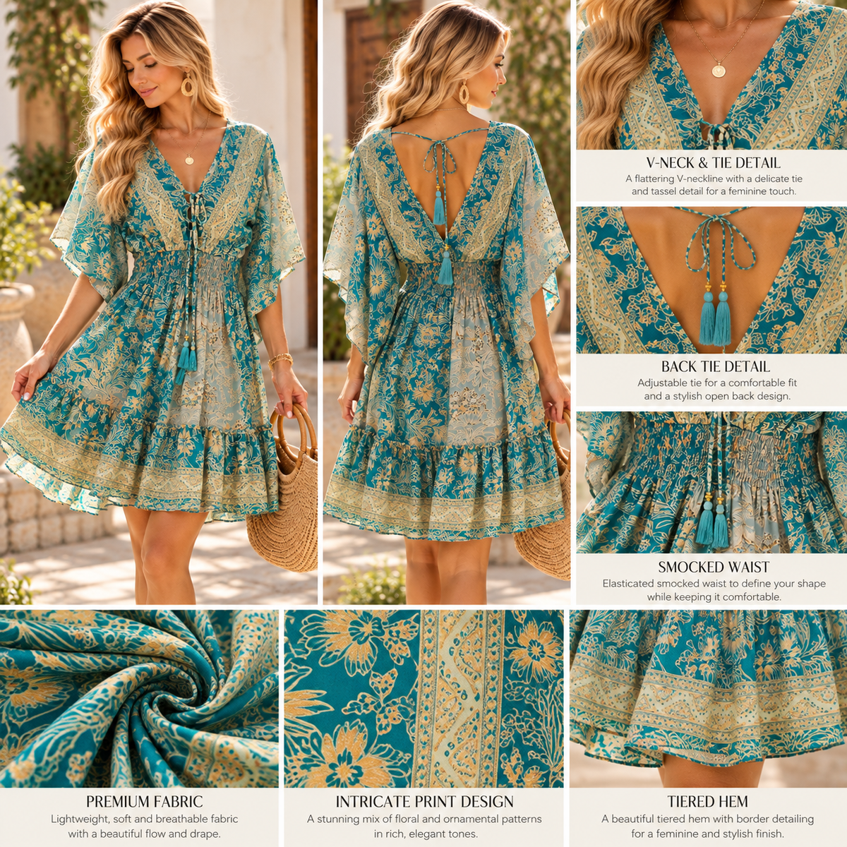 Turquoise Bloom Boho Mini Dress