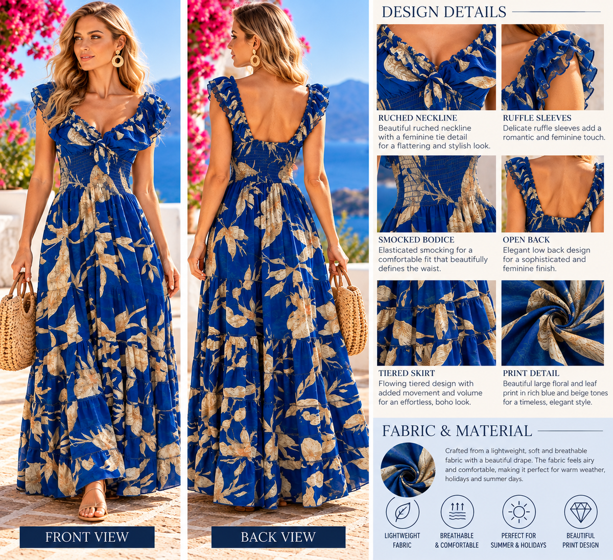 Royal Blue & Cream Floral Maxi Dress