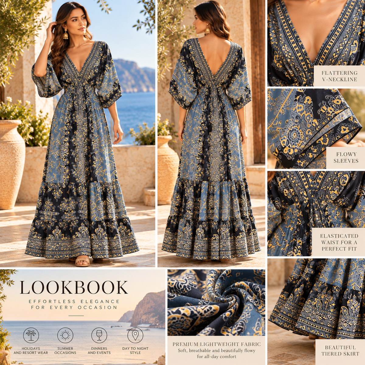 Black and Dusty Blue Paisley Maxi Dress