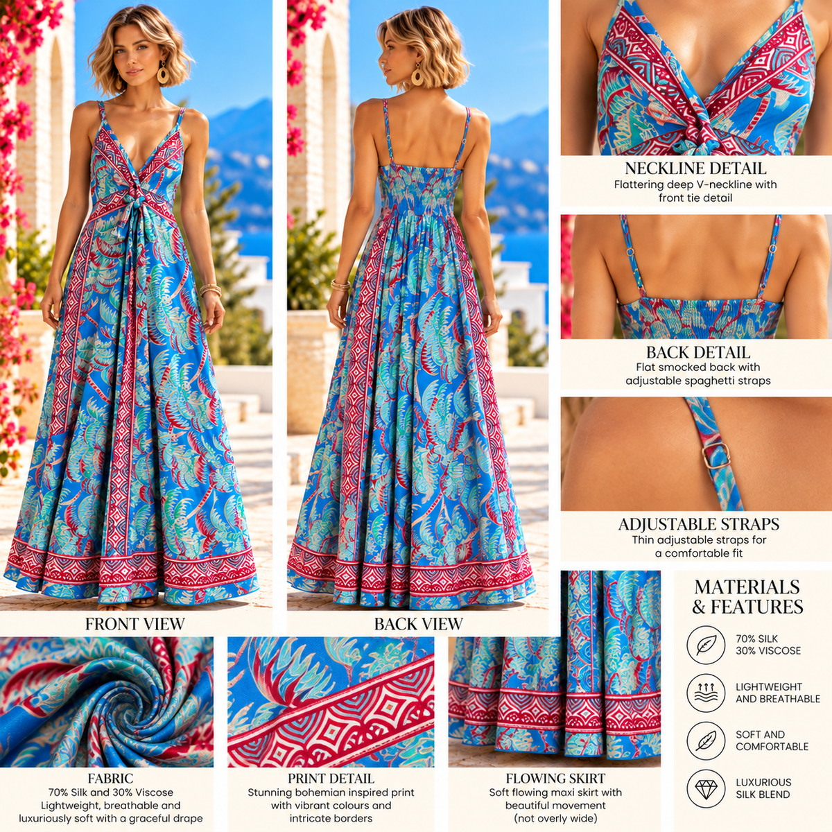 Blue and Pink Tropical Silk Maxi Dress – Boho Summer Resort Wear