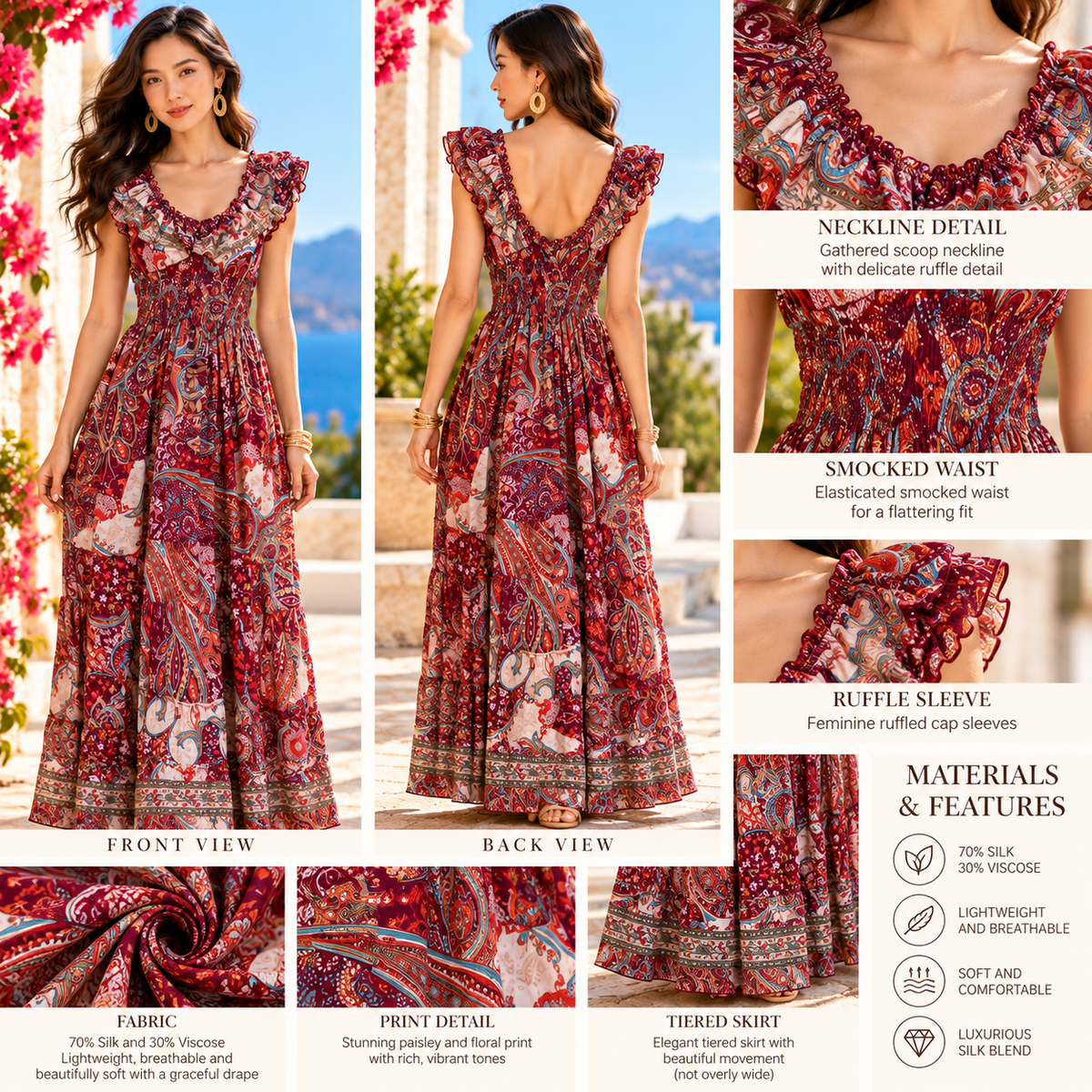 Burgundy and Red Paisley Silk Boho Maxi Dress – Ruffle Sleeves and Smocked Waist