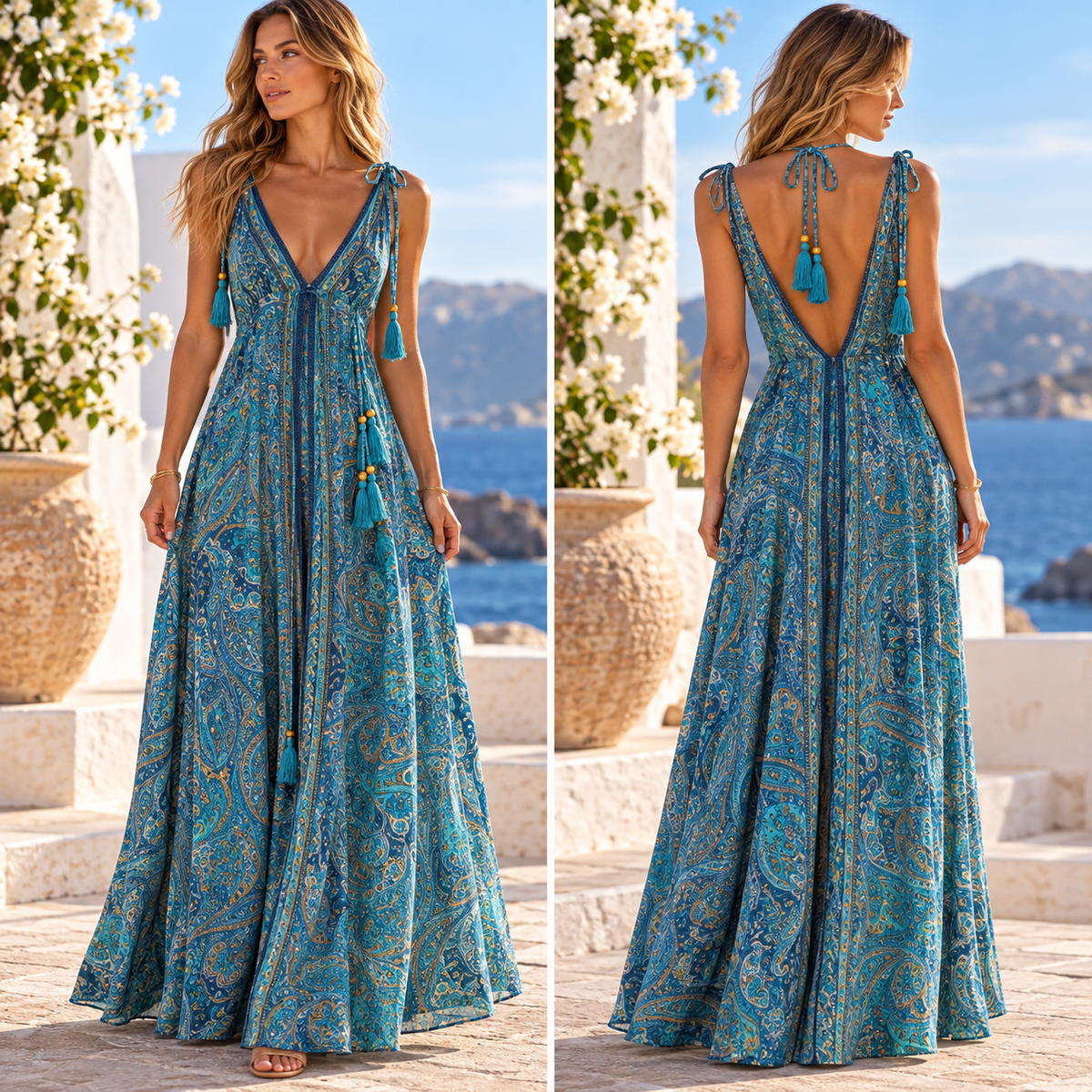 Teal Paisley Maxi Dress with Tassel Ties