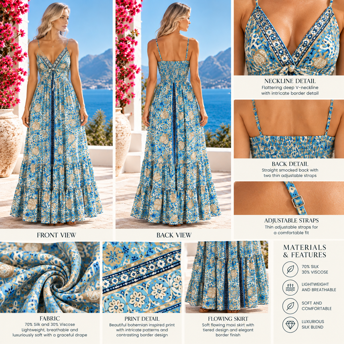 Turquoise Blue and Gold Silk Boho Maxi Dress – Embellished V-Neck and Smocked Waist