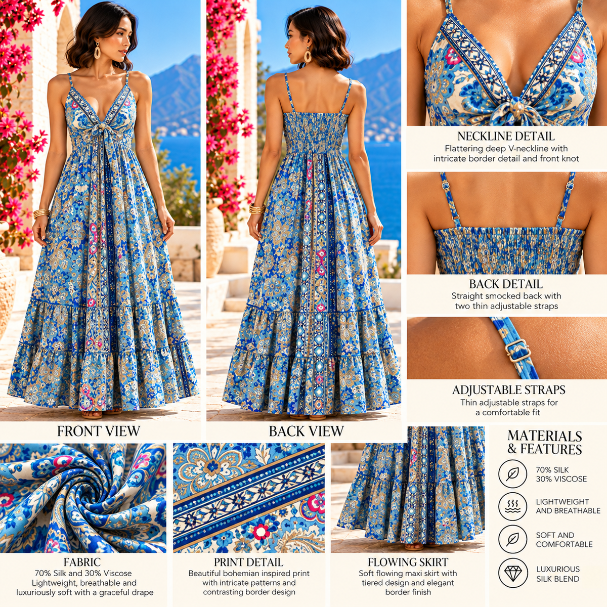 Blue and Gold Embellished Paisley Silk Maxi Dress – Bohemian Resort Wear
