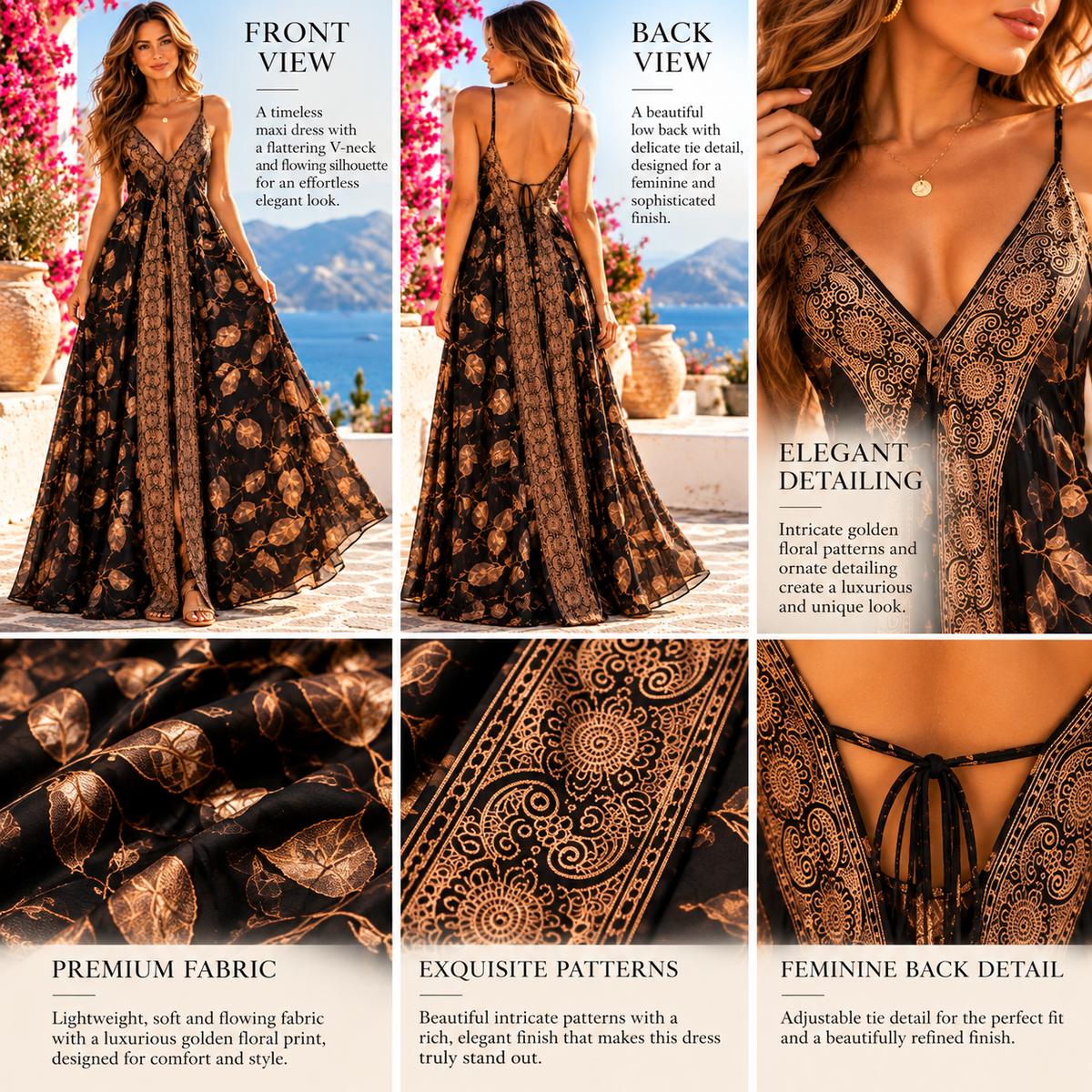 Black and Gold Floral Boho Maxi Dress