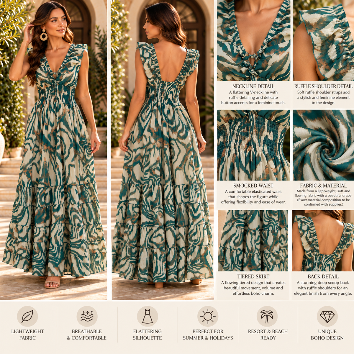 Turquoise & Cream Printed Tiered Maxi Dress