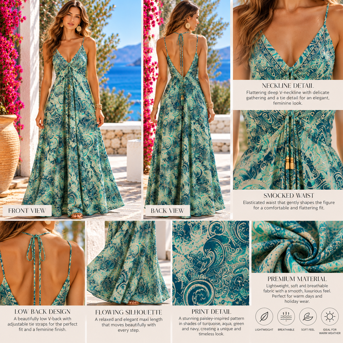 Turquoise & Cream Paisley Magic Dress with Low V-Back