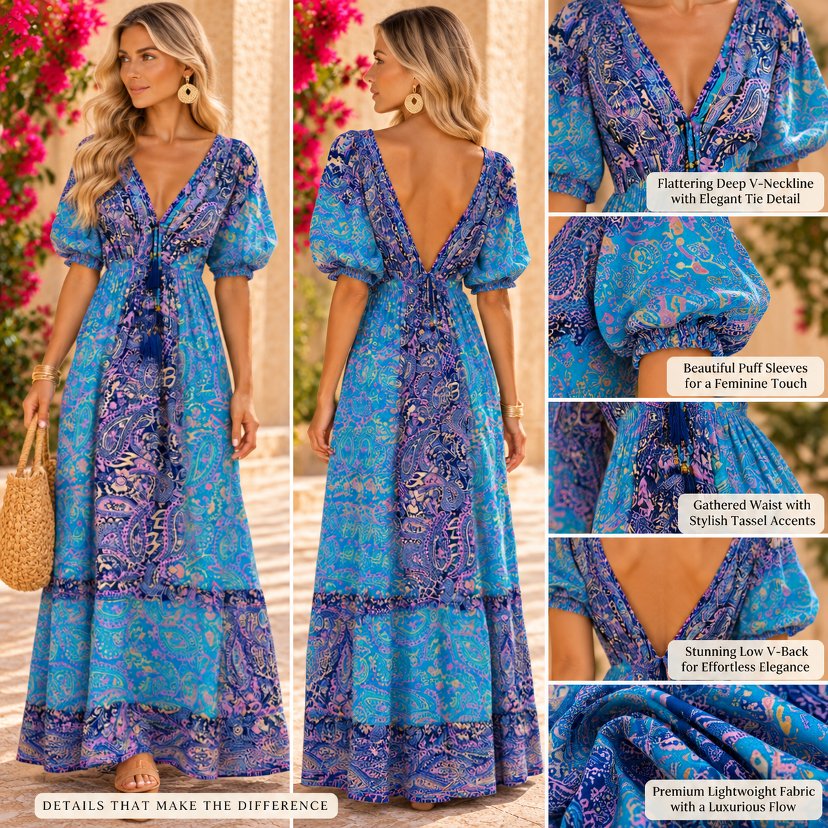 Turquoise, Blue & Pink Paisley Boho Dress