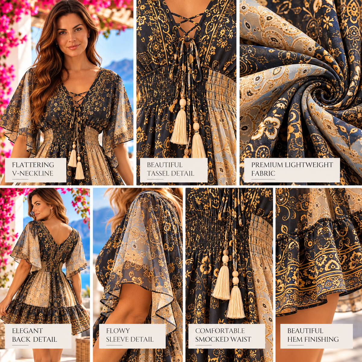 Navy & Gold Silk Paisley Boho Dress
