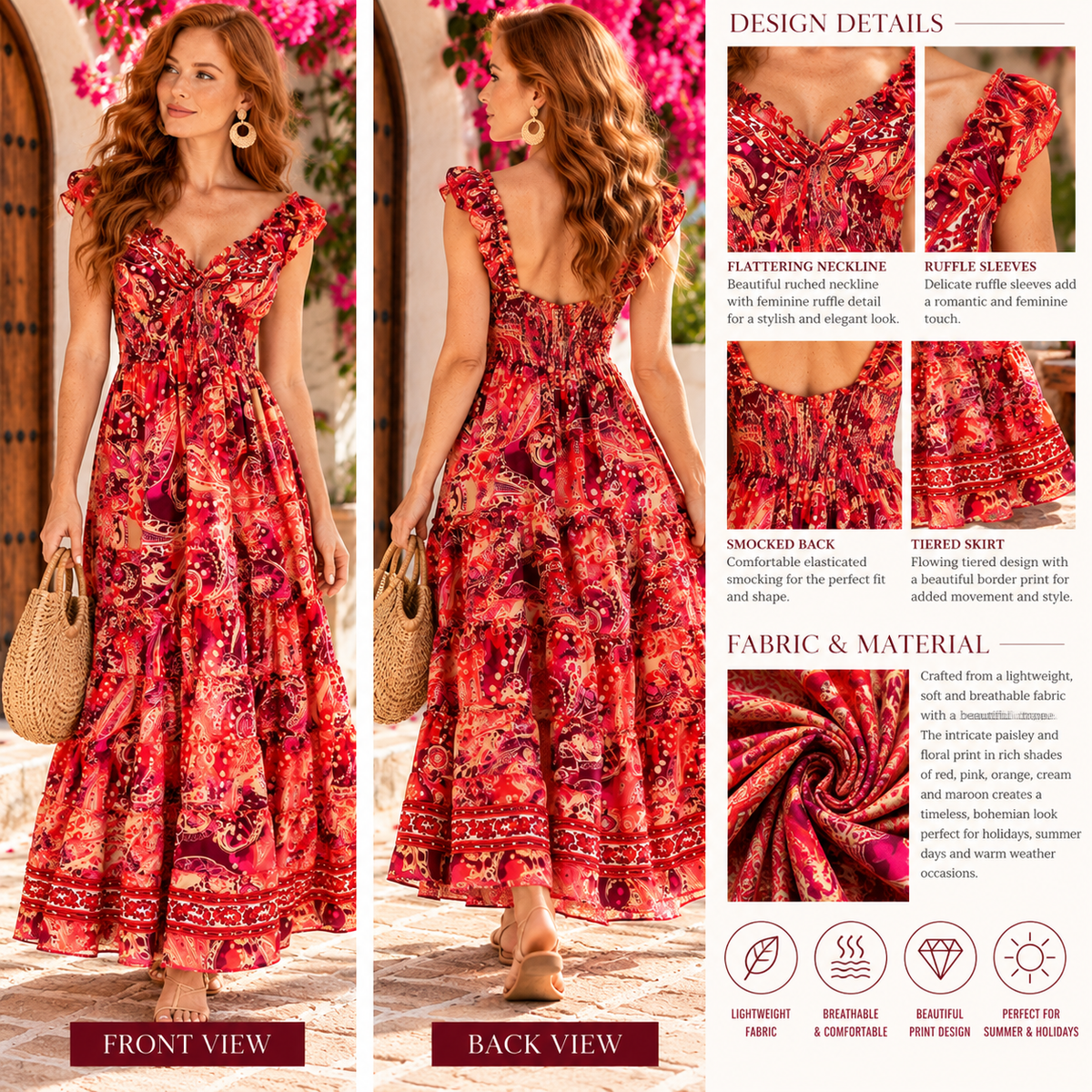 Red Paisley Boho Maxi Dress