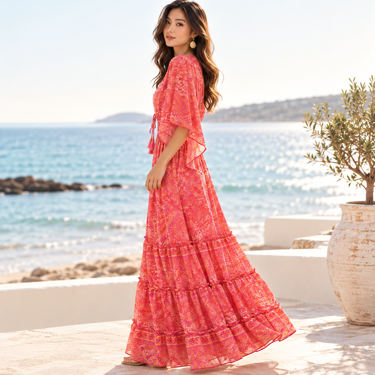 Coral Pink and Gold Paisley Silk Boho Maxi Dress – Flutter Sleeves