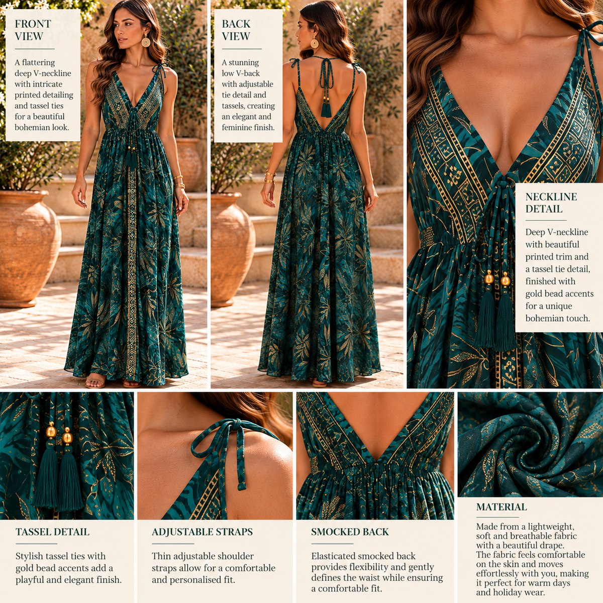Emerald Teal & Gold Botanical Maxi Dress