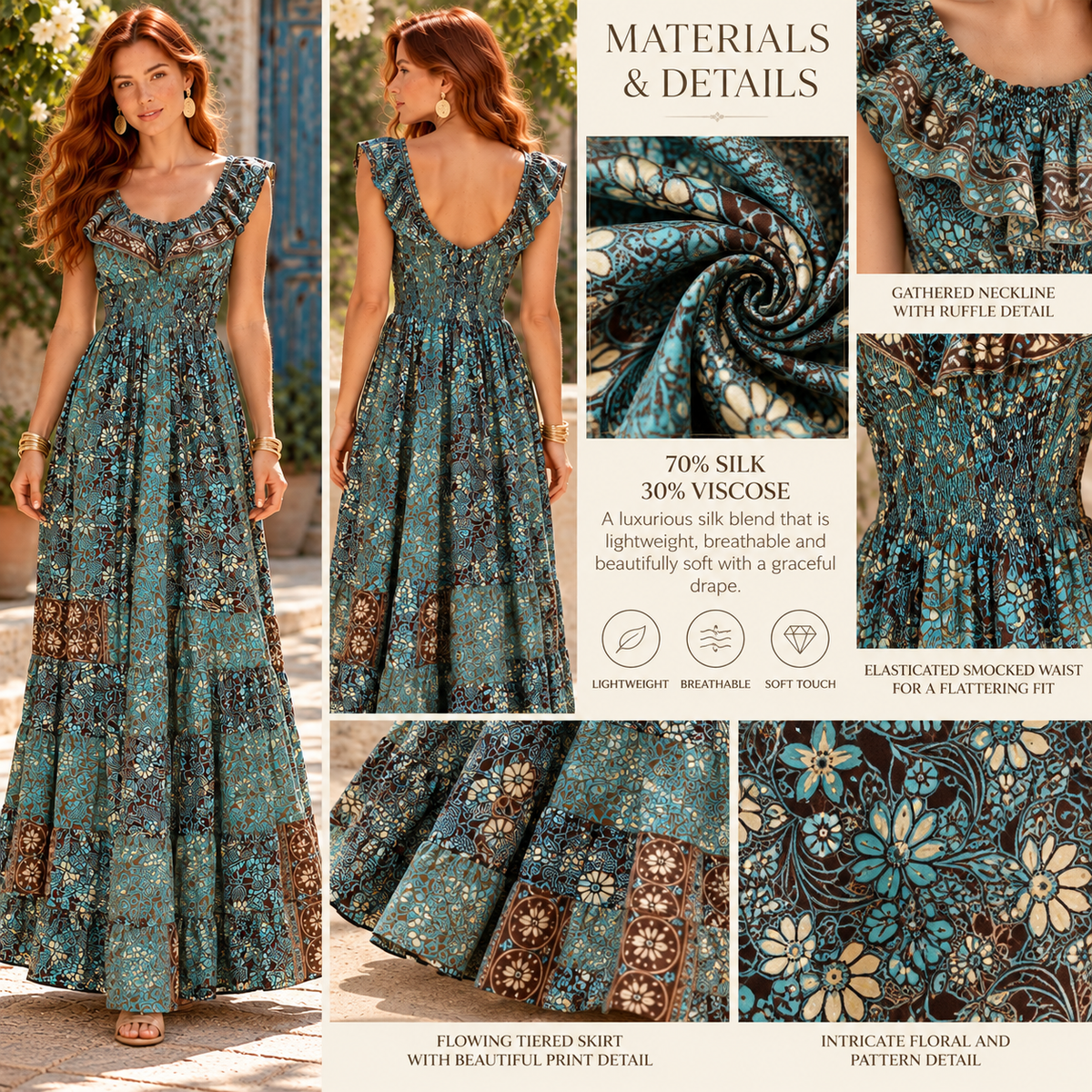 Turquoise and Chocolate Brown Floral Silk Maxi Dress – Elegant Boho Resort Wear