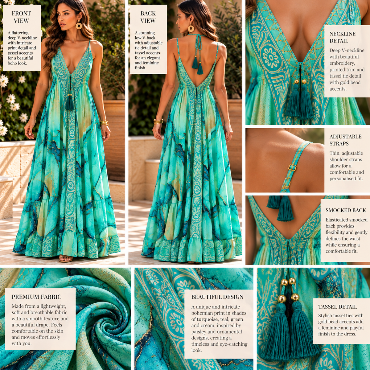Turquoise & Teal Boho Maxi Dress with Tassel Detail