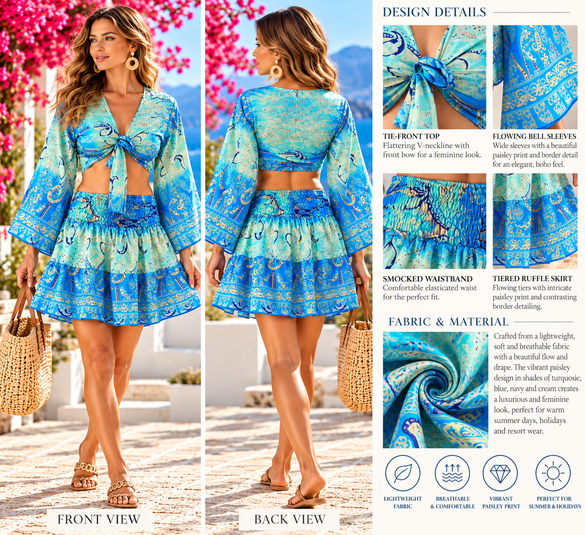 Turquoise & Blue Paisley Two-Piece Boho Outfit