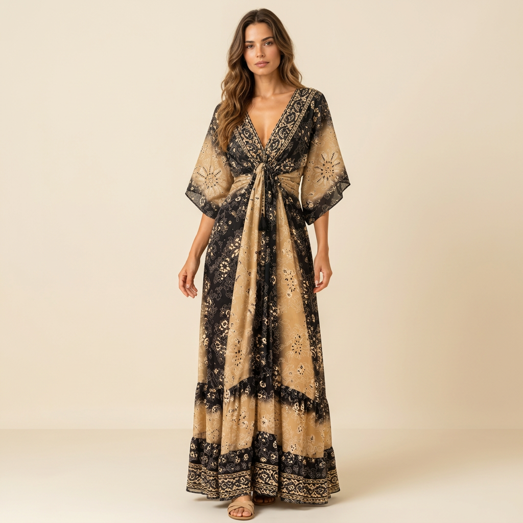 Black & Beige Paisley Boho Dress with Flowy Sleeves