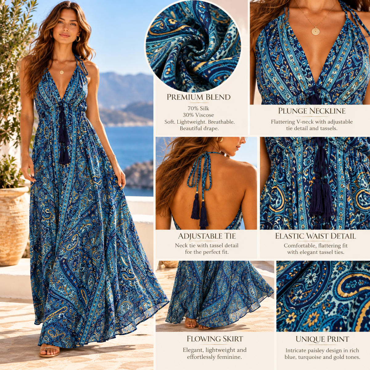 Dark Blue and Teal Silk Paisley Halterneck Maxi Dress