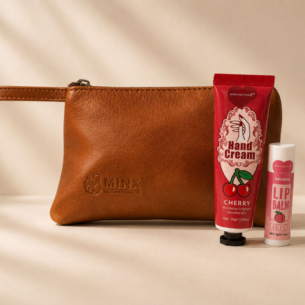 Leather Make up Bag with Hand cream and Lip ice