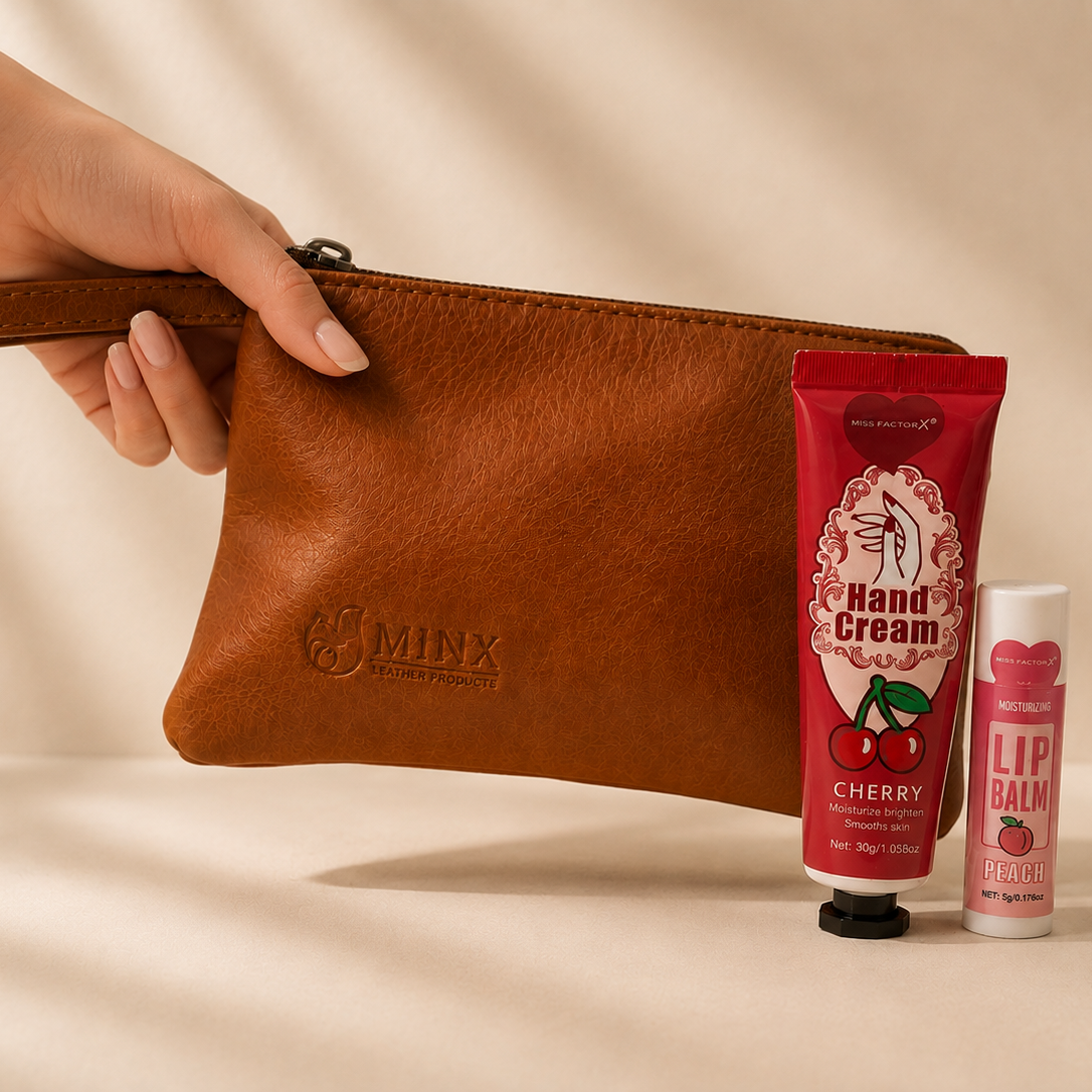 Leather Make up Bag with Hand cream and Lip ice