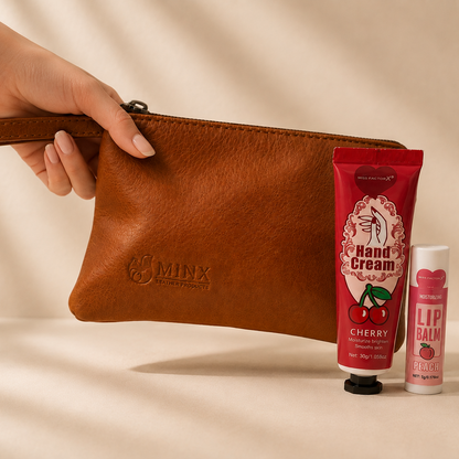 Leather Make up Bag with Hand cream and Lip ice