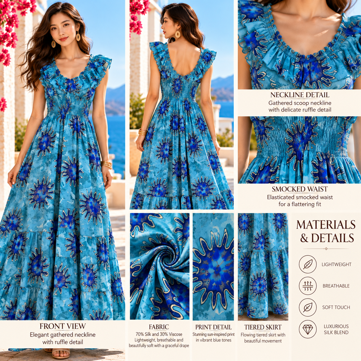 Turquoise and Royal Blue Sunburst Silk Maxi Dress – Boho Resort Wear