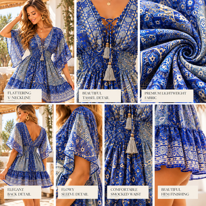 Blue Silk Paisley Boho Mini Dress