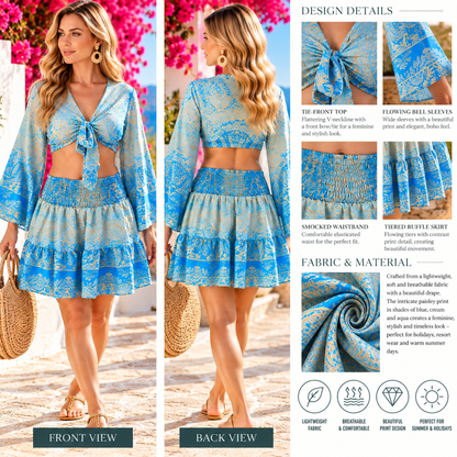 Blue, Cream & Aqua Paisley Two-Piece Boho Outfit