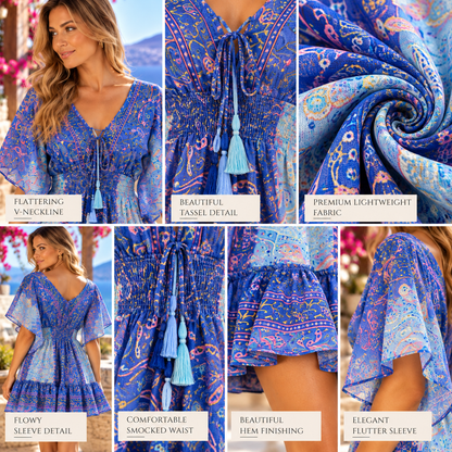 Blue & Turquoise Silk Paisley Boho Dress