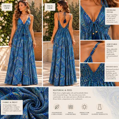 Blue Paisley Maxi Dress with Tassel Tie & Low V-Back