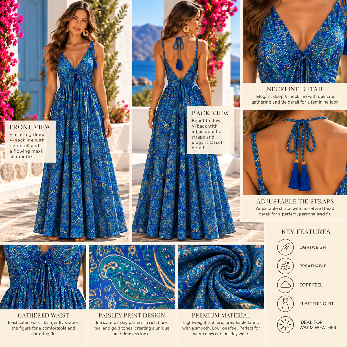 Blue Paisley Magic Dress with Low V-Back & Tassel Detail