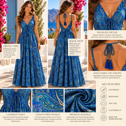 Blue Paisley Magic Dress with Low V-Back & Tassel Detail
