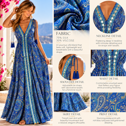Royal Blue and Turquoise Silk Paisley Halterneck Maxi Dress