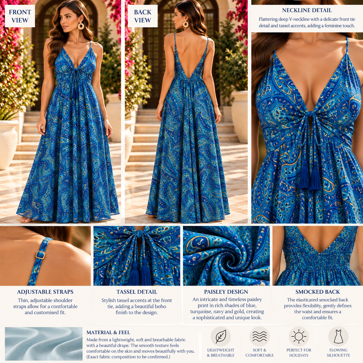 Blue Paisley Maxi Dress with Tassel Tie Detail
